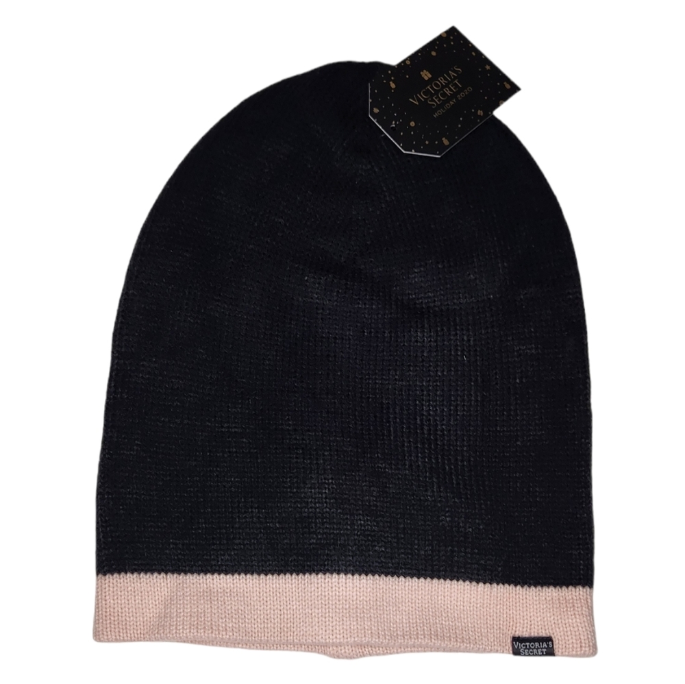 Victoria Secret winter beanie hat knit reversible black pink women's OS NWT